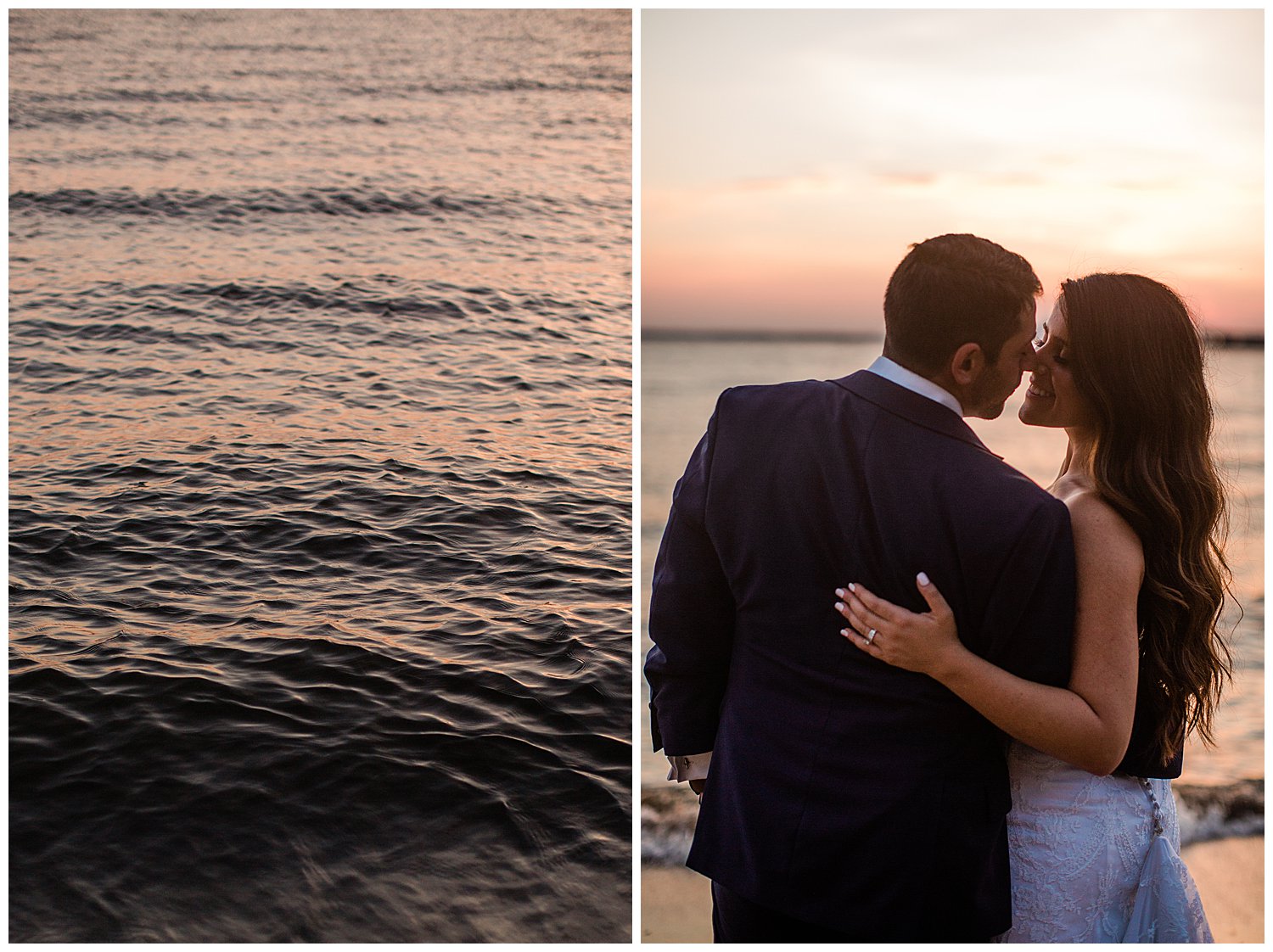Bride and groom waterfront sunset portrait