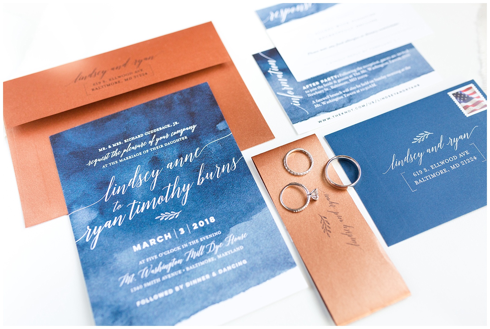 baltimore/wedding/photographer/hannah/mink/photography/invitation/suite/copper/blue/navy/watercolor/stationary/calligraphy/tomahawk/design/graphic