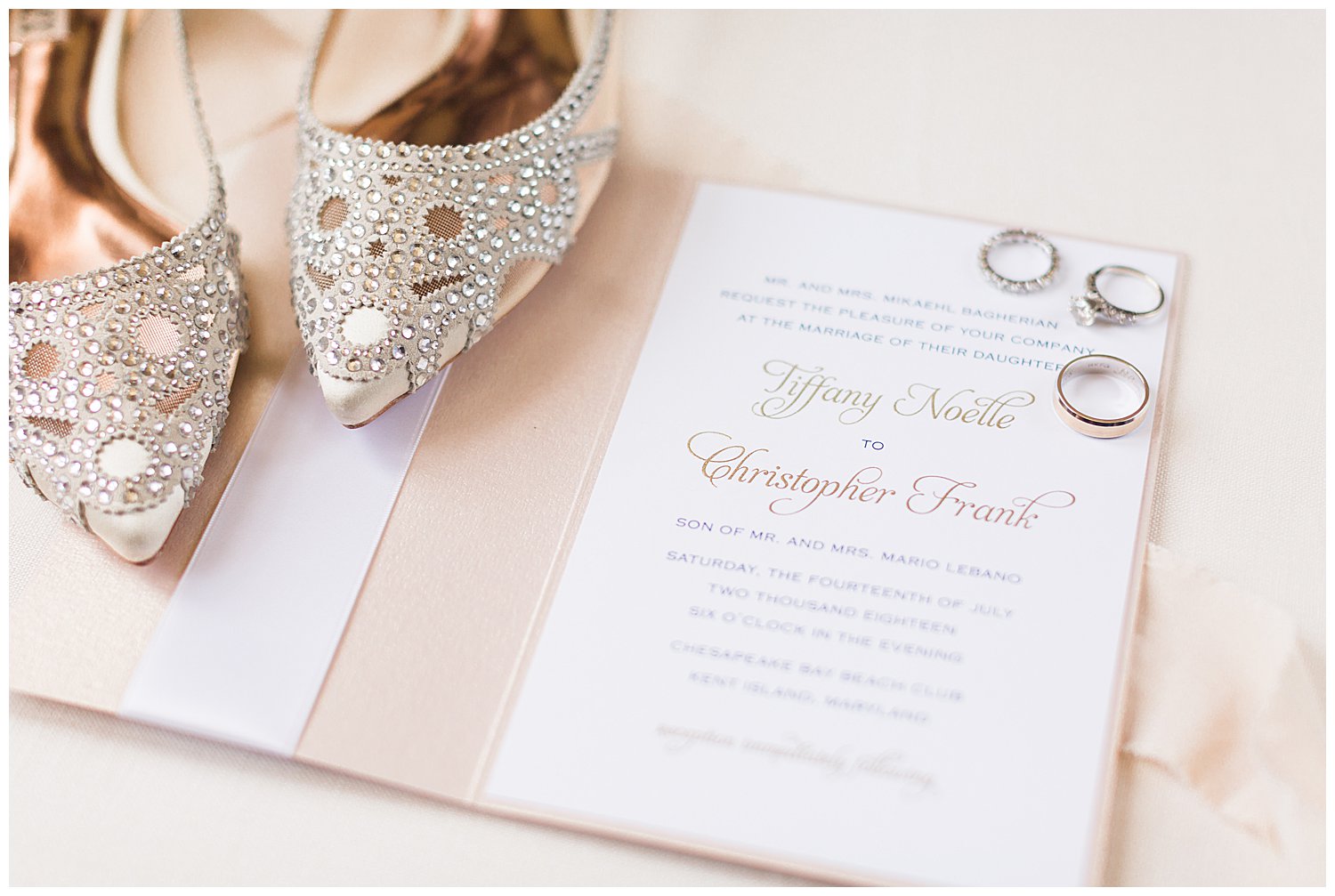 blush wedding invitation and shoes